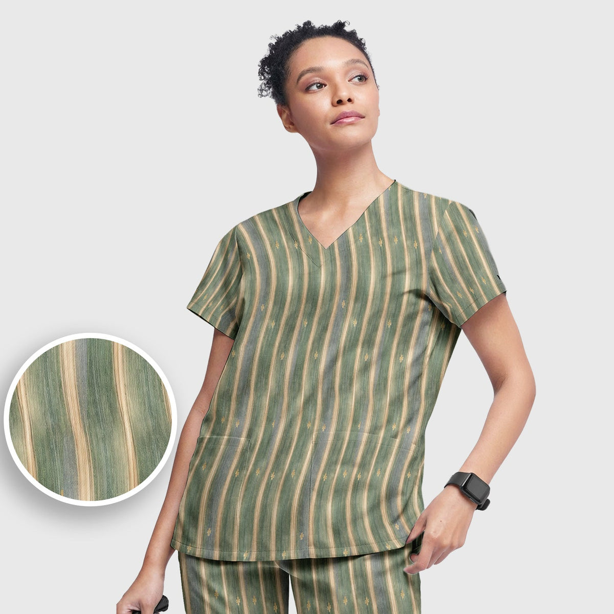 Nurse Green Vertical Stripe Floral Scrub Set