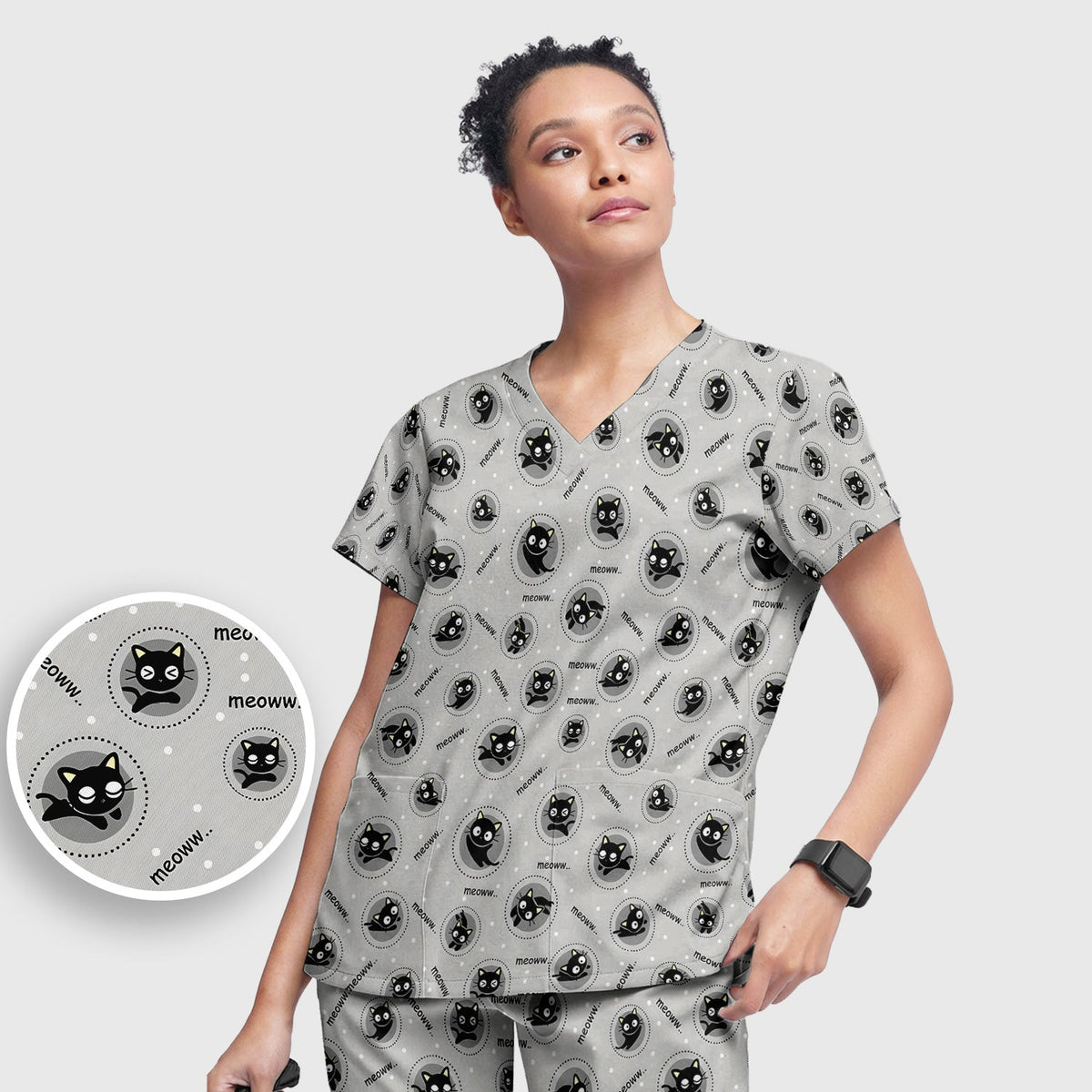 Black Cat Meow Nurse Scrub Set