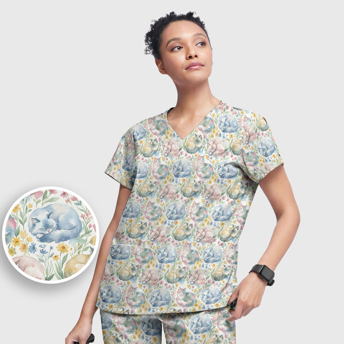Dreamy Sleeping Cat Floral Nurse Scrub Set