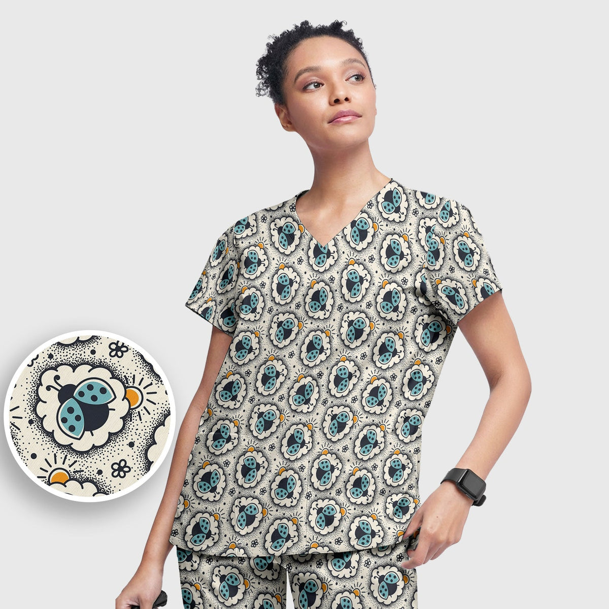 Ladybug Floral Frame Nurse Scrub Set