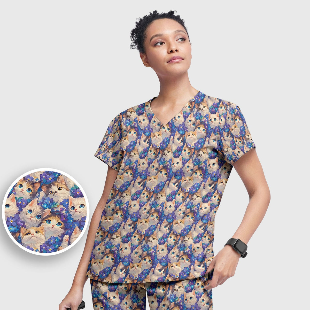 Cute Blue Eyed Kitten Nurse Scrub Set