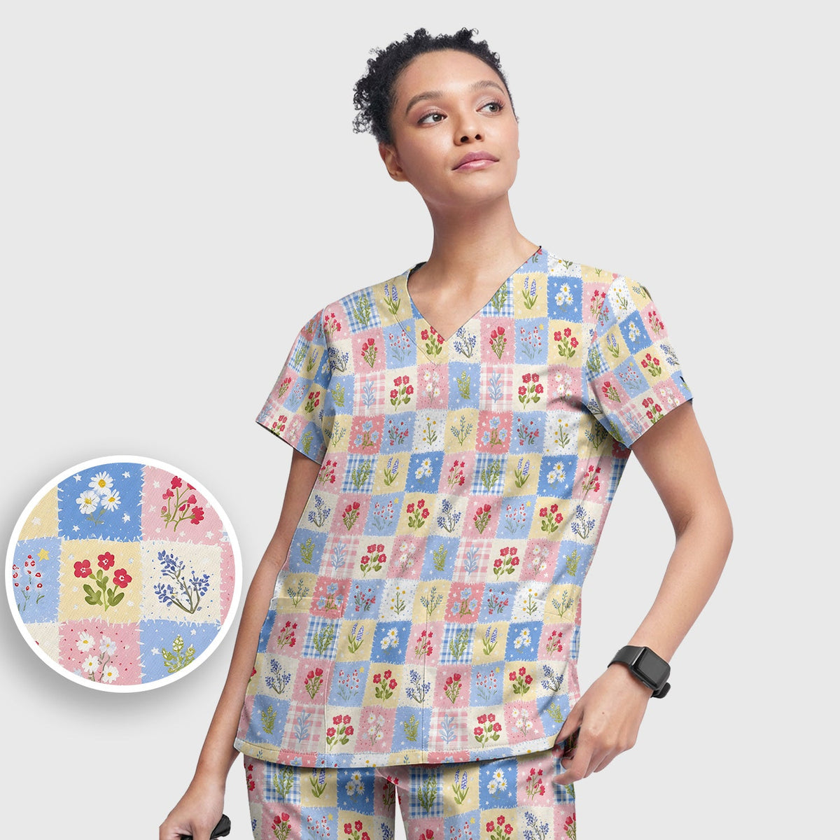 Pastel Patchwork Wildflower Garden Nurse Scrub Set
