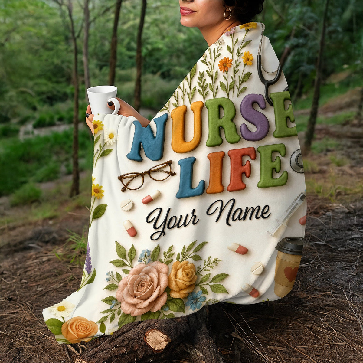 Personalized Stethoscope Pills Flowers Nurse Blanket