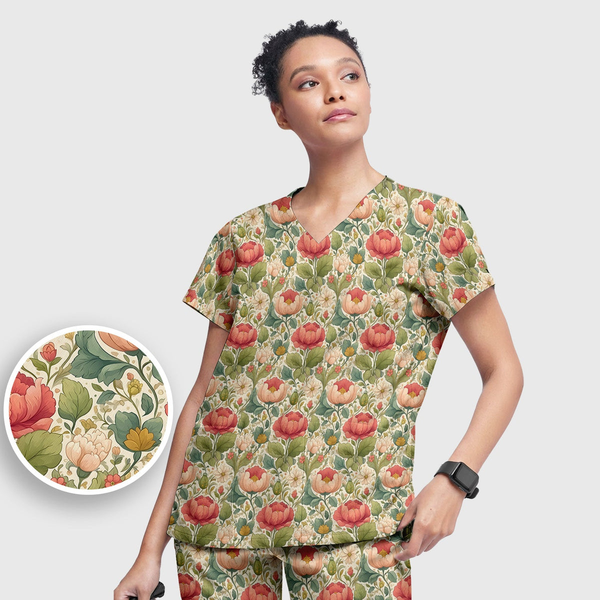 Vintage Botanical Peony Floral Nurse Scrub Set