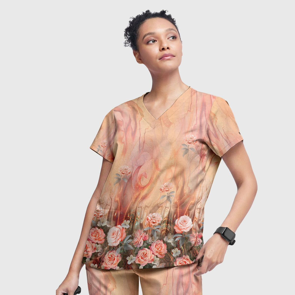 Elegant Peach Marble Rose Nurse Scrub Set