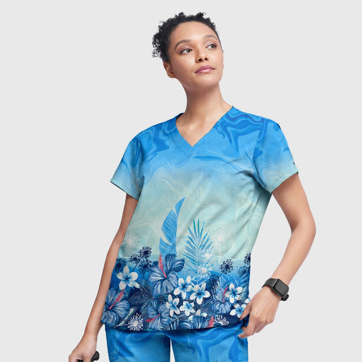 Elegant Blue Tropical Floral Nurse Scrub Set