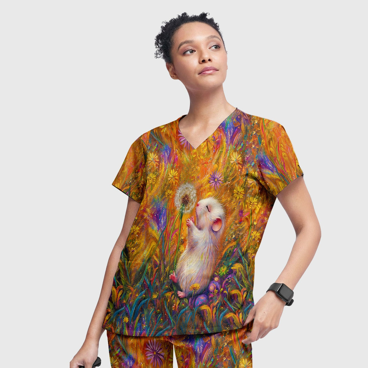 Whimsical Mouse Dandelion Nurse Scrub Set