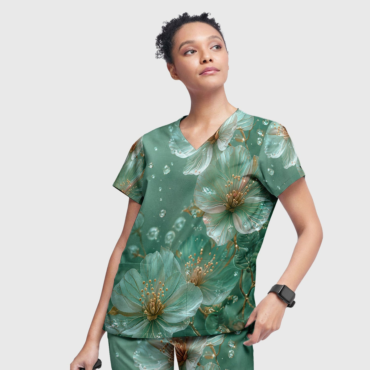 Elegant Mint Blossom Dewdrop Nurse Scrub Set