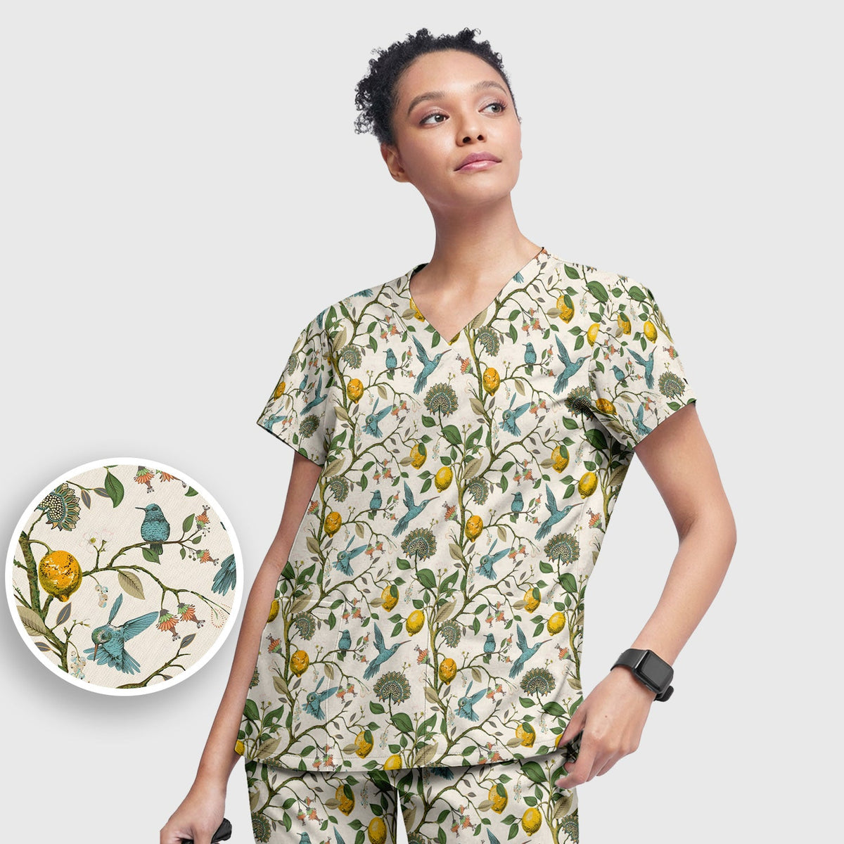 Hummingbird Lemon Floral Nurse Scrub Set
