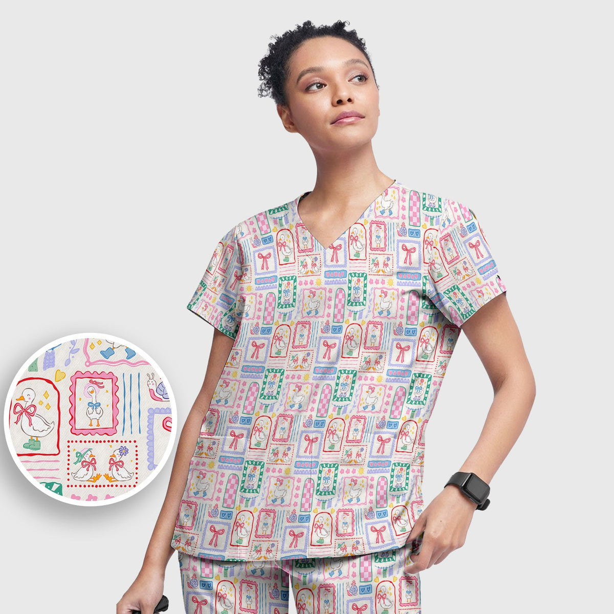 Adorable Goose Ribbon Patchwork Frame Nurse Scrub Set