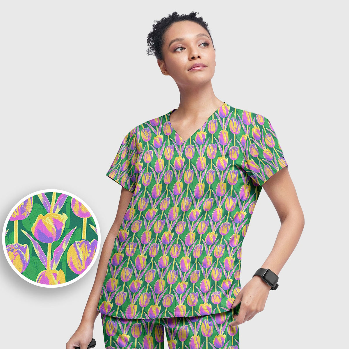 Colorful Tulip Floral Nurse Scrub Set