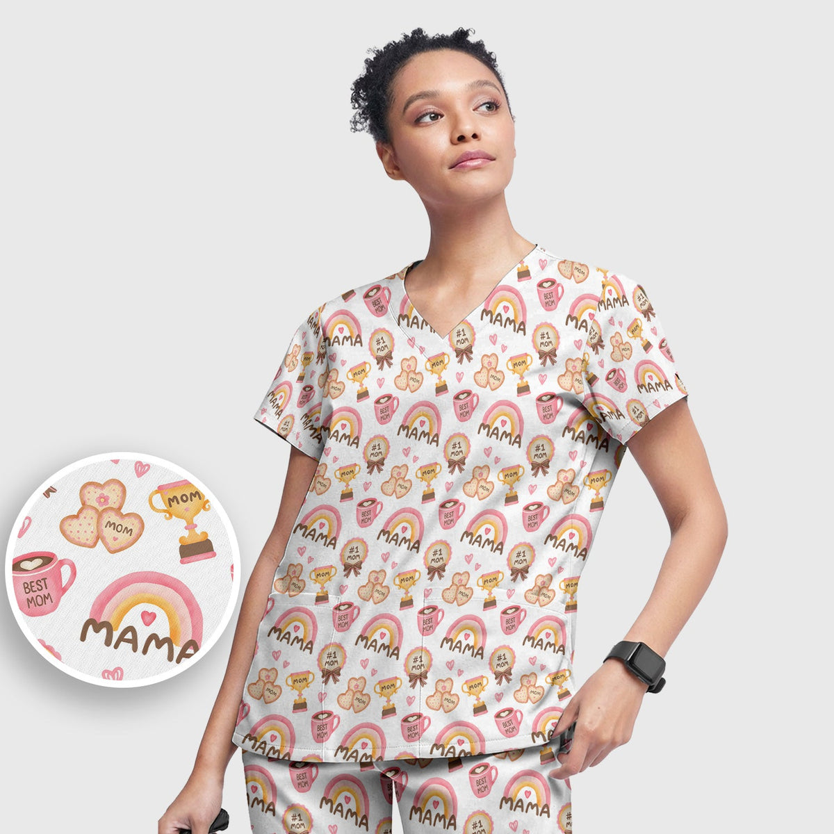 Sweet Nurse Mama Rainbow Trophy Heart Scrub Set