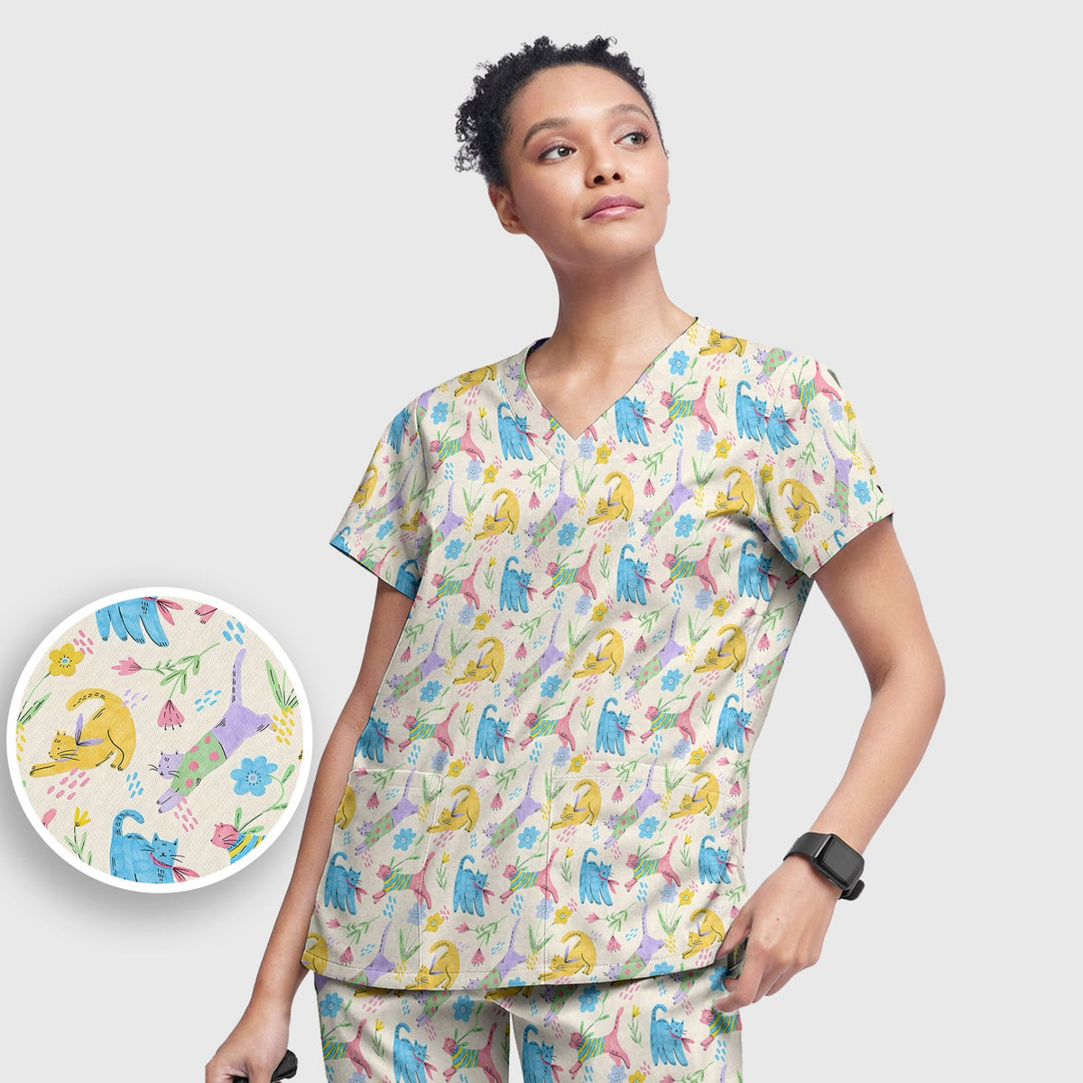 Colorful Cat Floral Nurse Scrub Set