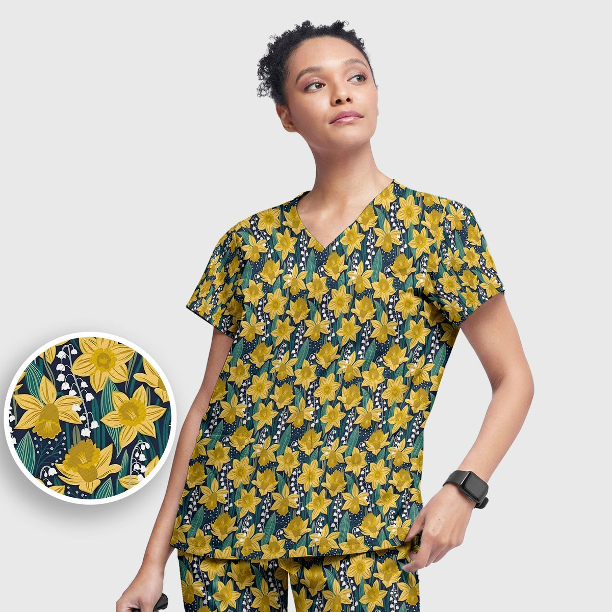 Yellow Daffodil Lily Valley Nurse Scrub Set