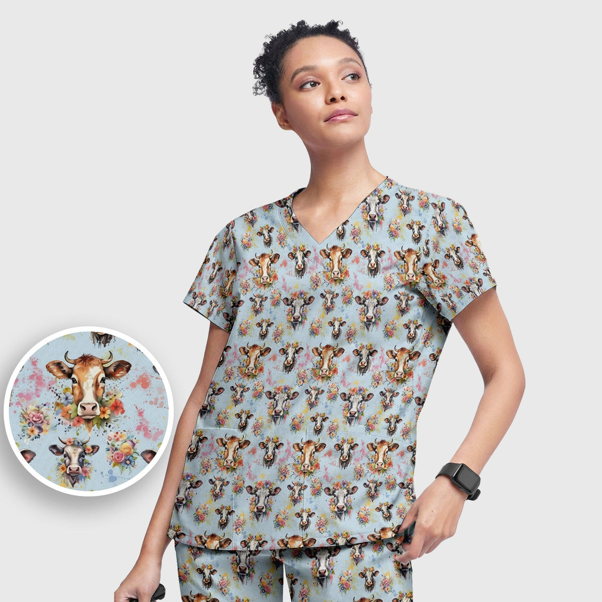 Floral Cow Farm Nurse Scrub Set