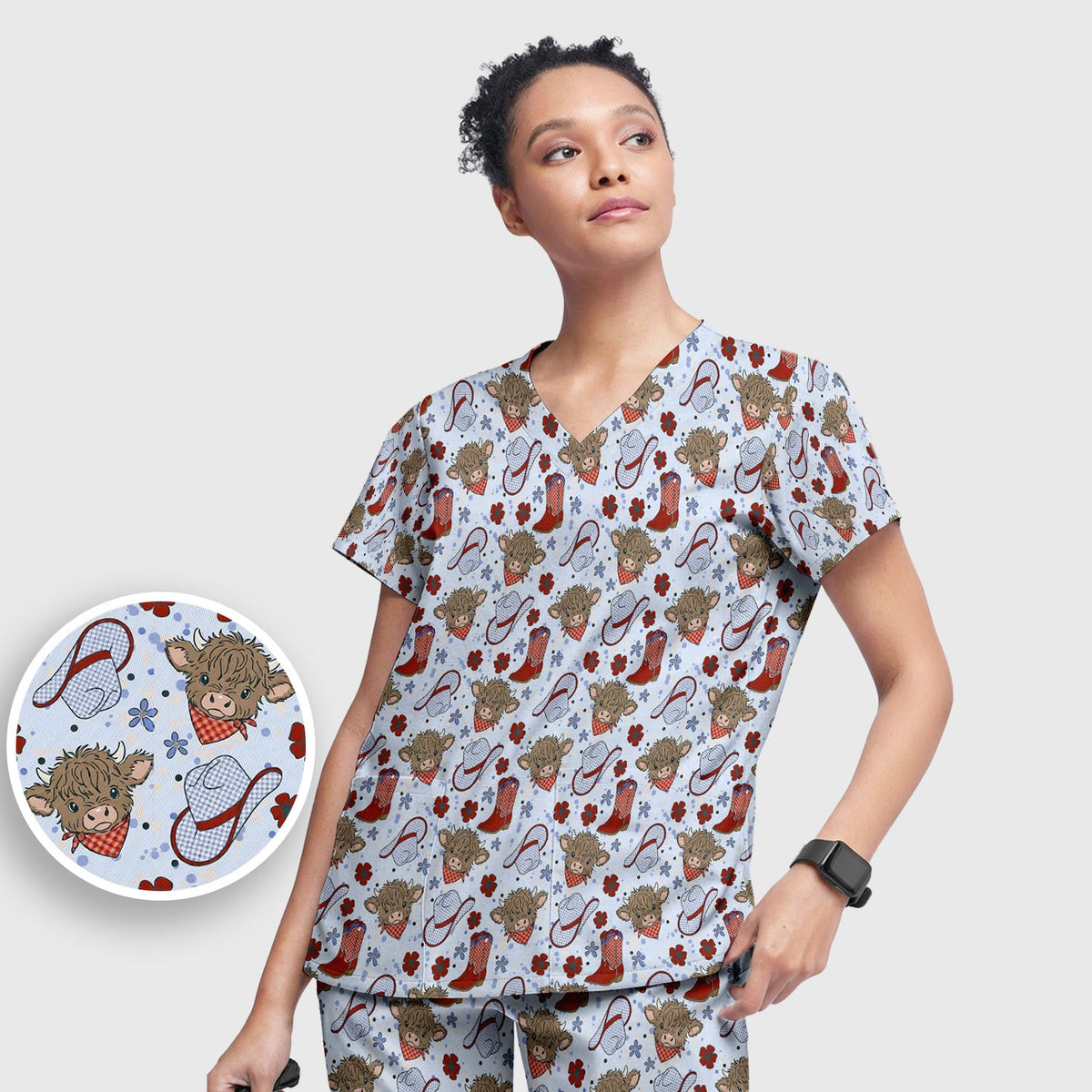 Highland Cow Cowboy Boots Nurse Scrub Set