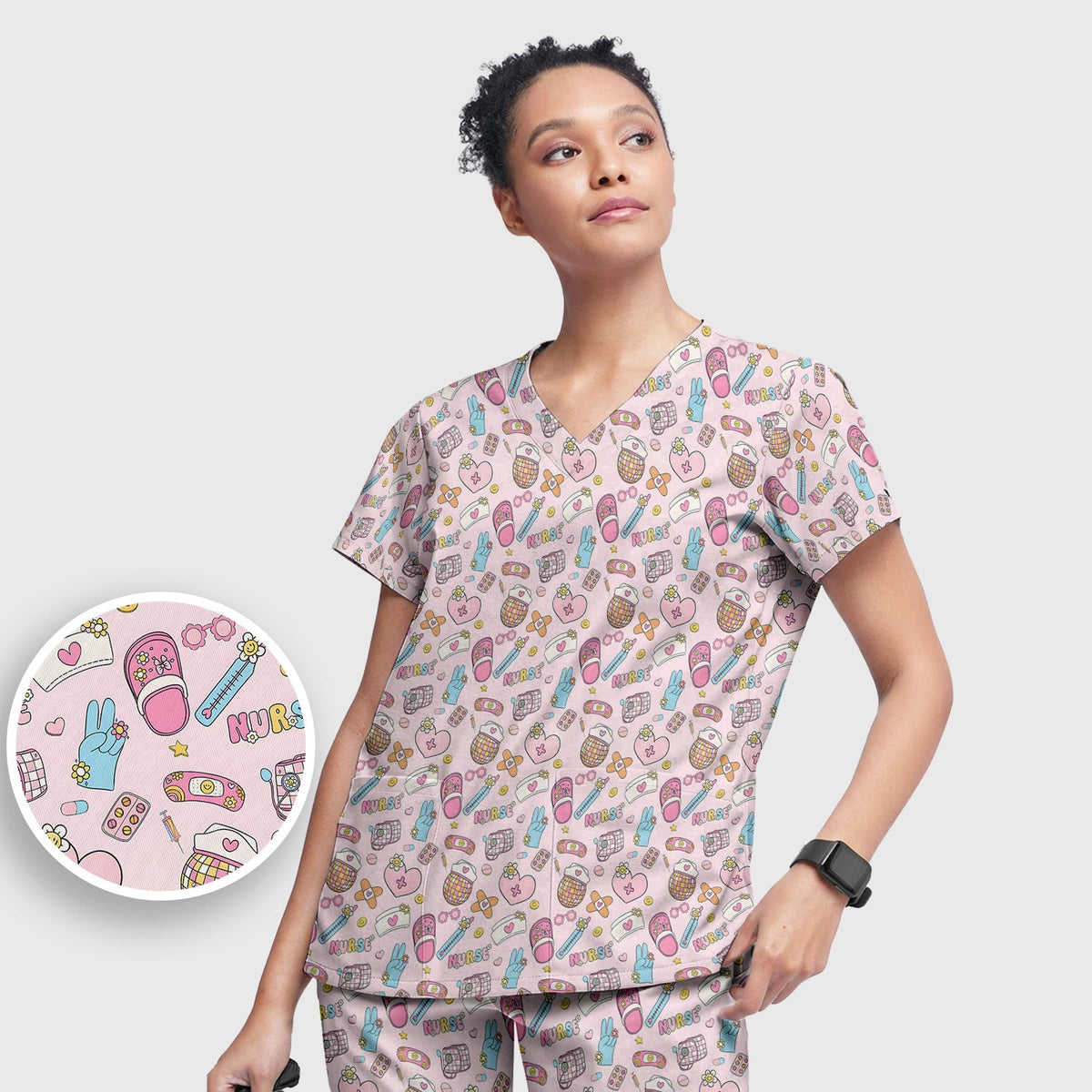 Pink Medical Tools Nurse Scrub Set