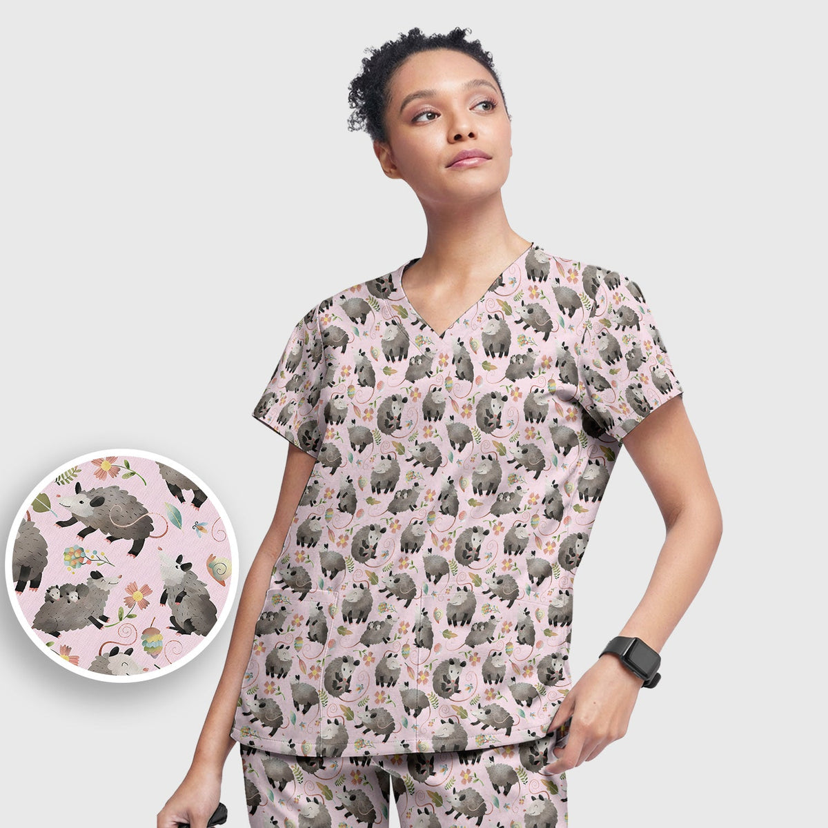 Opossum Playing Flower Garden Nurse Scrub Set