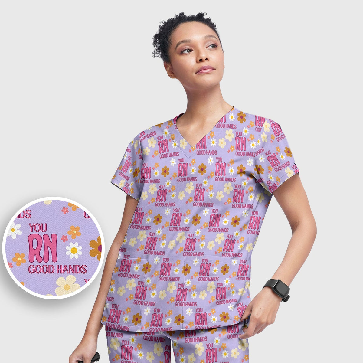 You RN Good Hands Floral Daisy Nurse Scrub Set