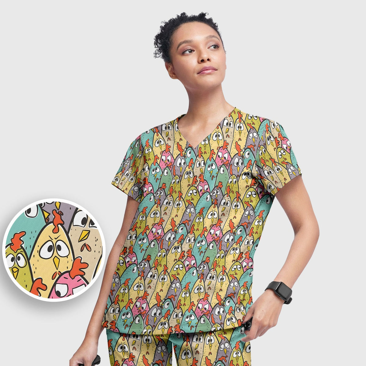 Cartoon Chicken Crowd Nurse Scrub Set