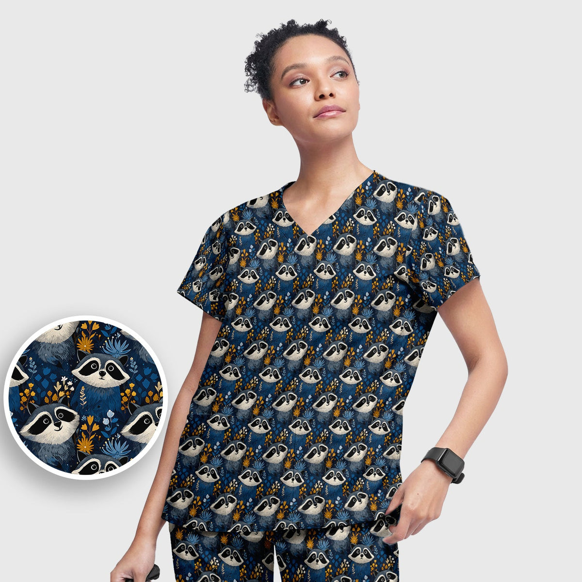 Raccoon Blue Floral Forest Nurse Scrub Set