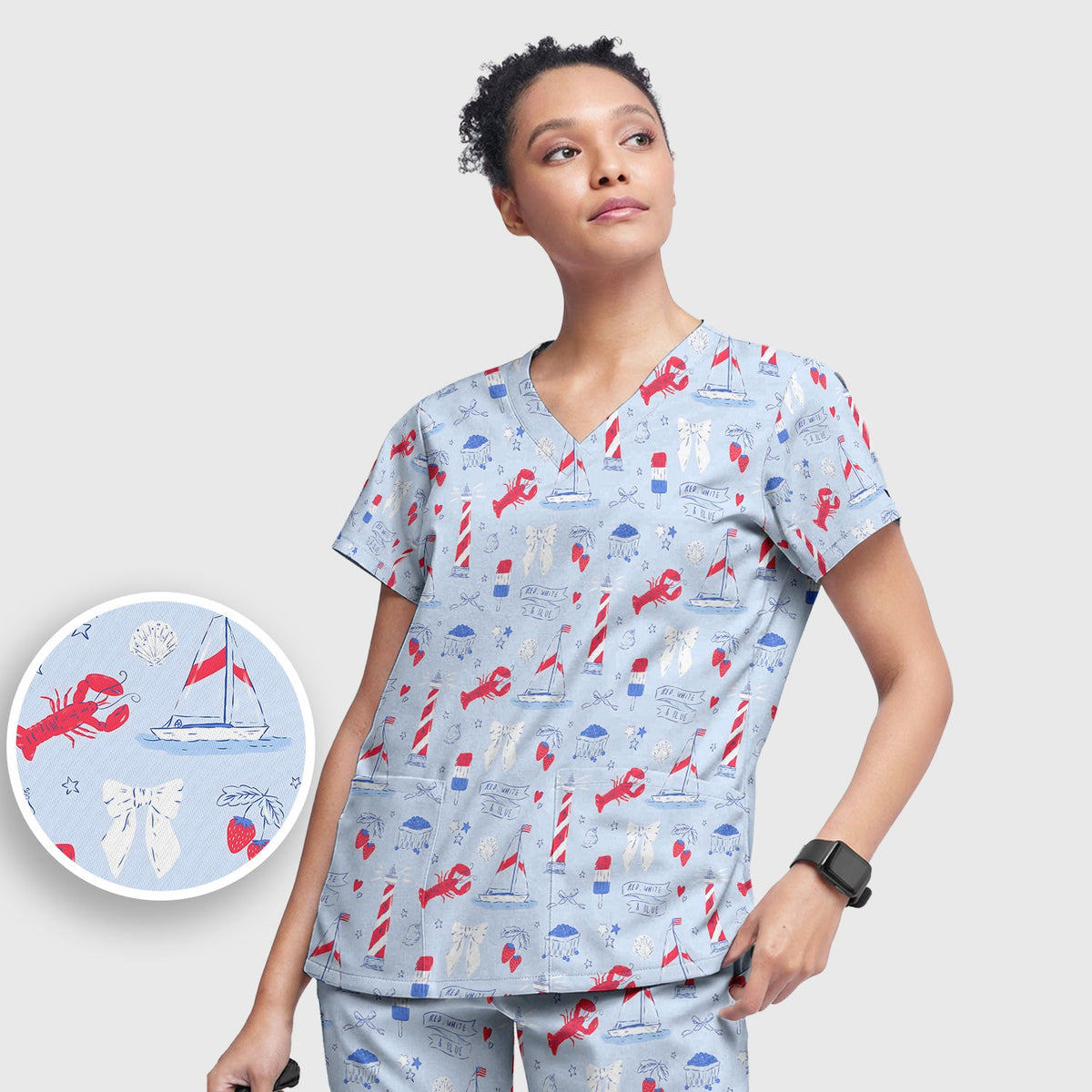Lobster Lighthouse Sailboat Nurse Scrub Set