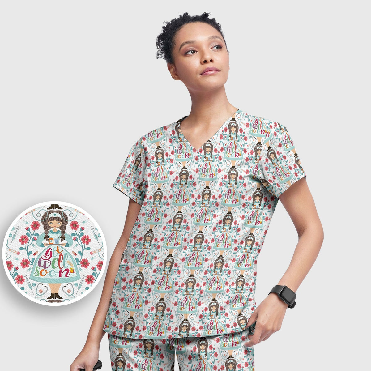 Get Well Soon Girl Floral Nurse Scrub Set