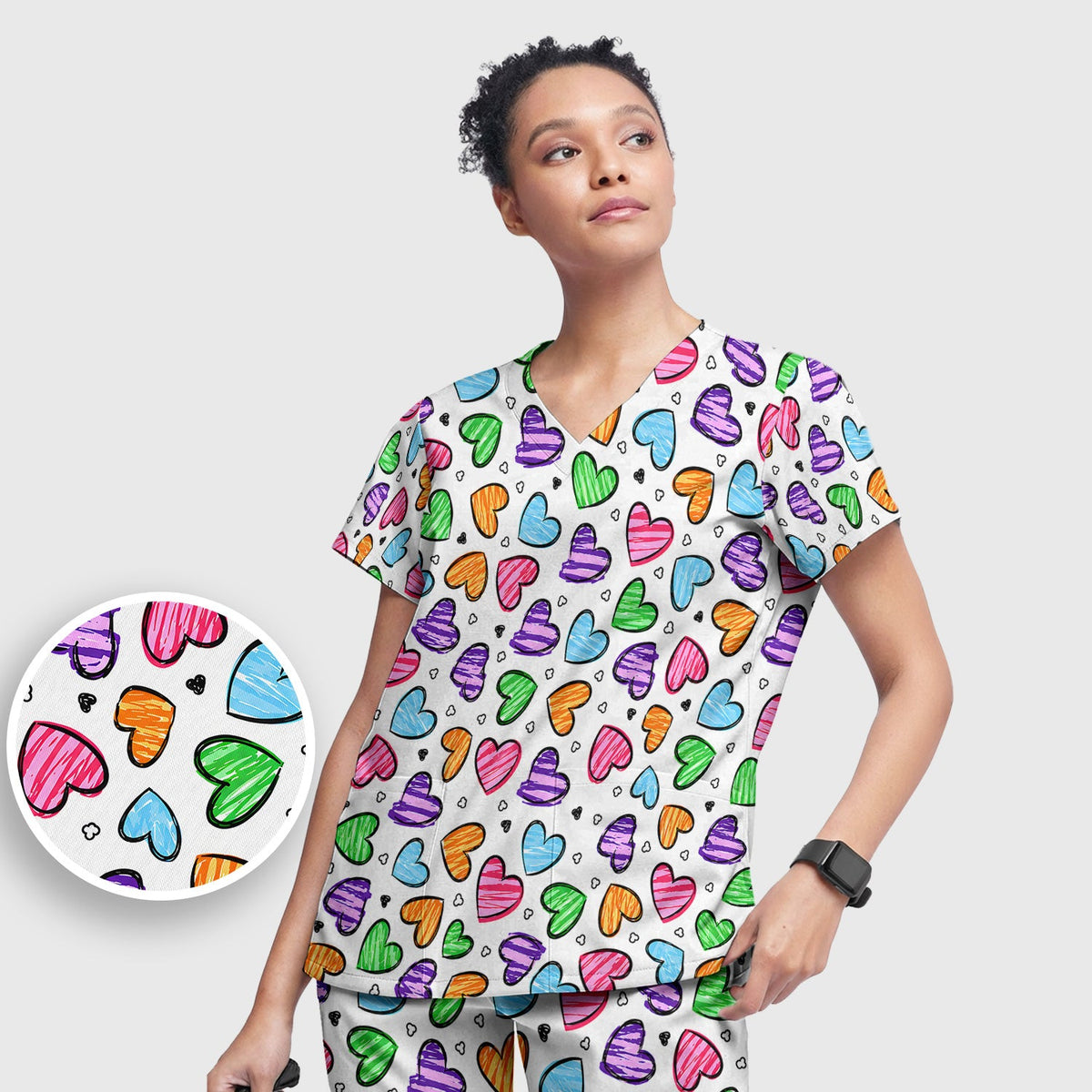 Colorful Doodle Heart Nurse Scrub Set