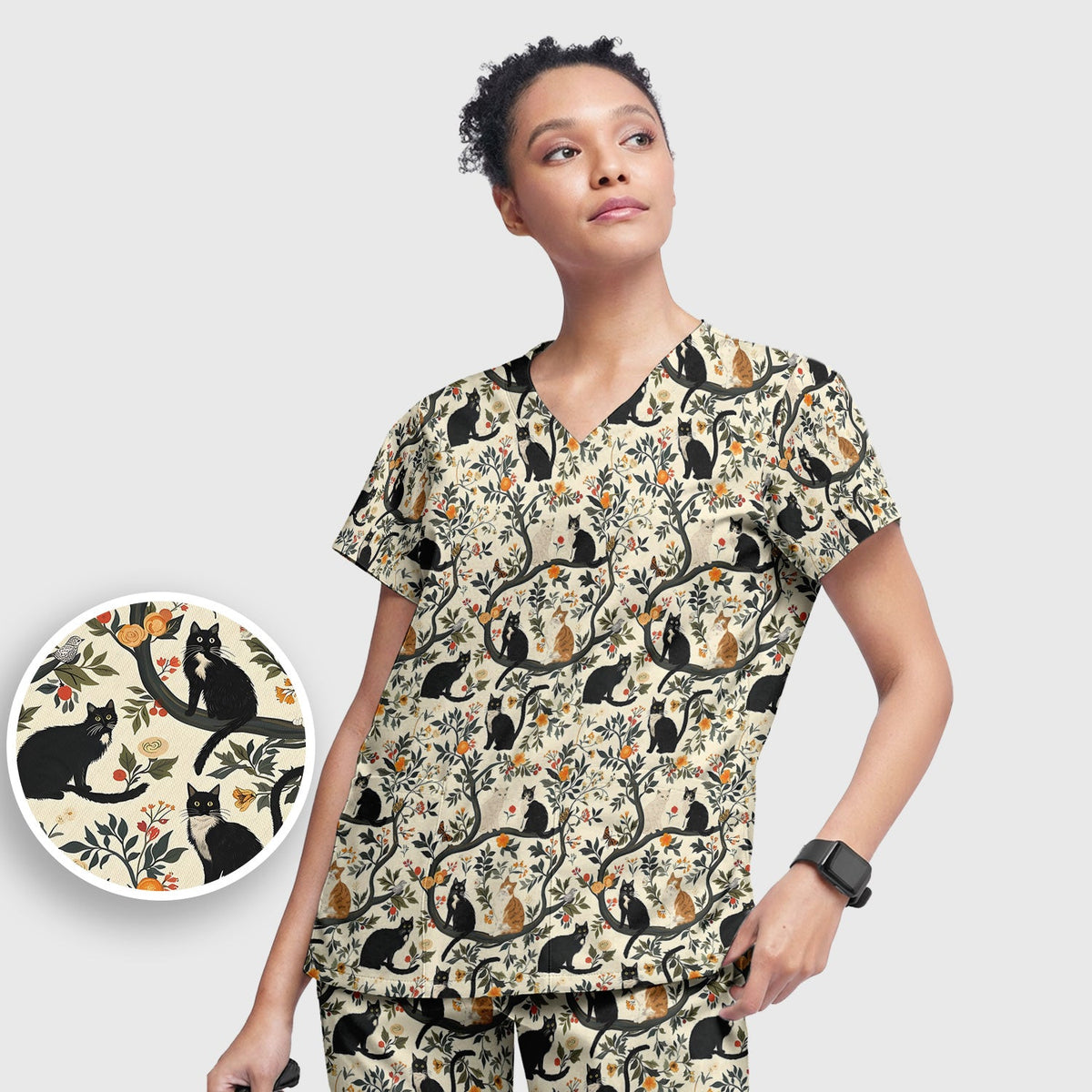 Vintage Black Cat Floral Nurse Scrub Set