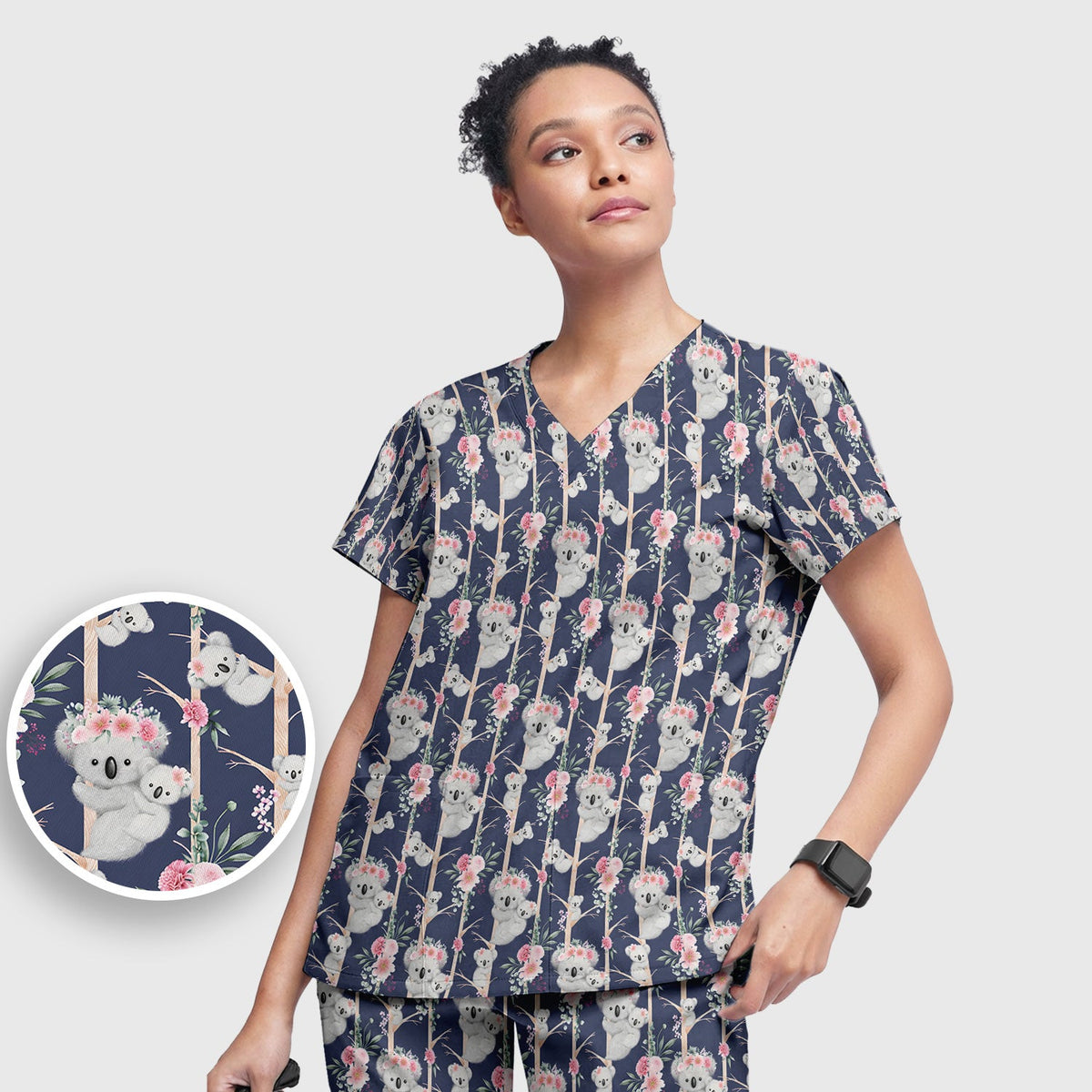 Koala Climbing Tree Blossom Nurse Scrub Set