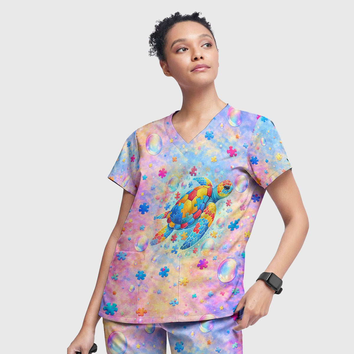 Autism Puzzle Sea Turtle Pastel Rainbow Nurse Scrub Set