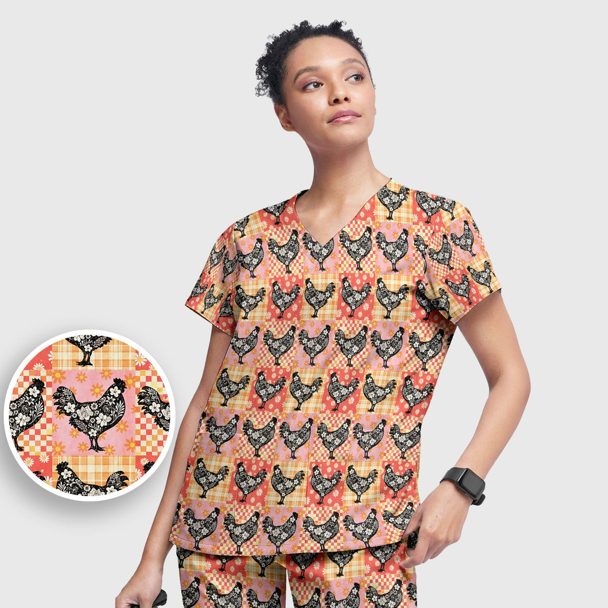 Floral Chicken Patchwork Nurse Scrub Set