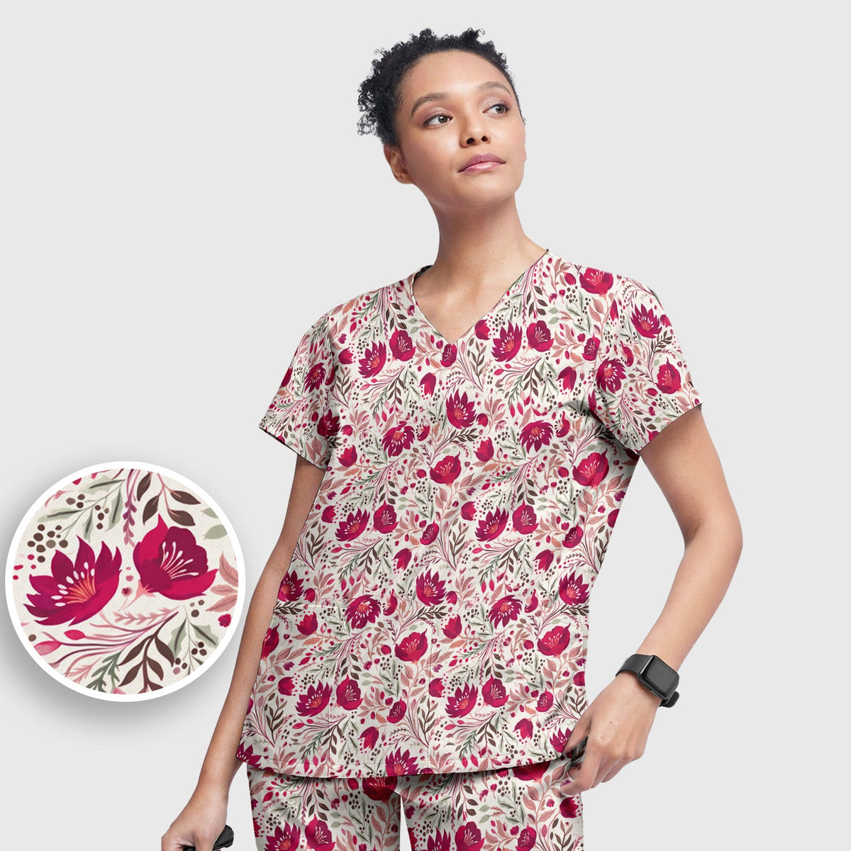 Elegant Floral Botanical Nurse Scrub Set