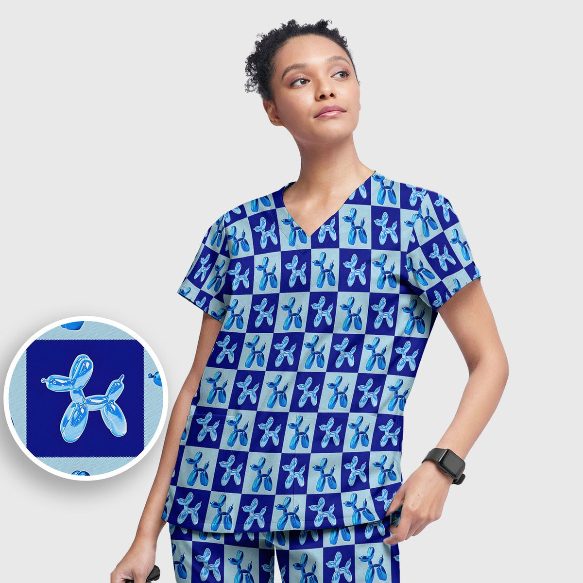 Cute Blue Balloon Dog Checkered Nurse Scrub Set