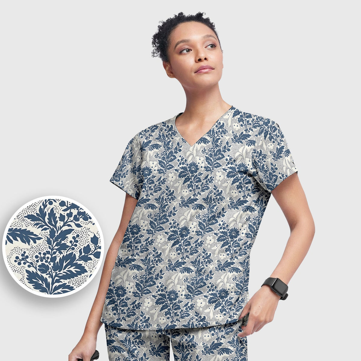 Cute Blue Floral Botanical Nurse Scrub Set