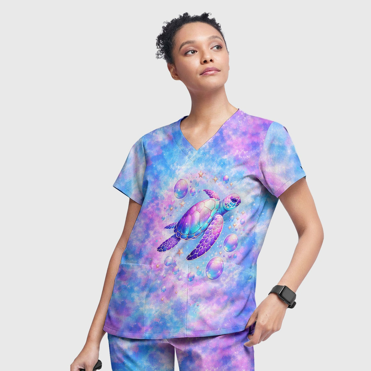 Pastel Galaxy Sea Turtle Bubble Art Scrub Set, Scrub Pants and V Neck Top