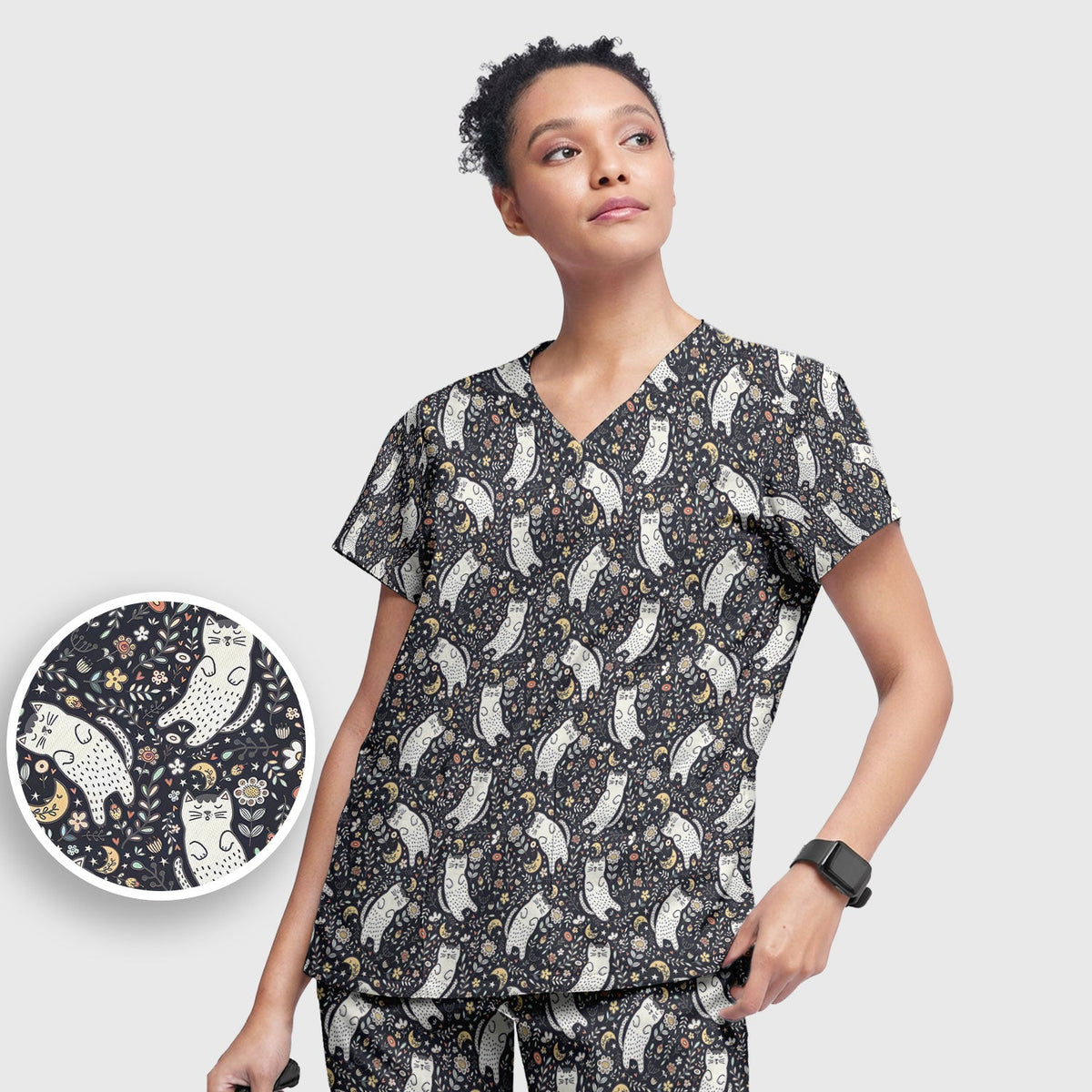 Moonlit Floral Cat Nurse Scrub Set