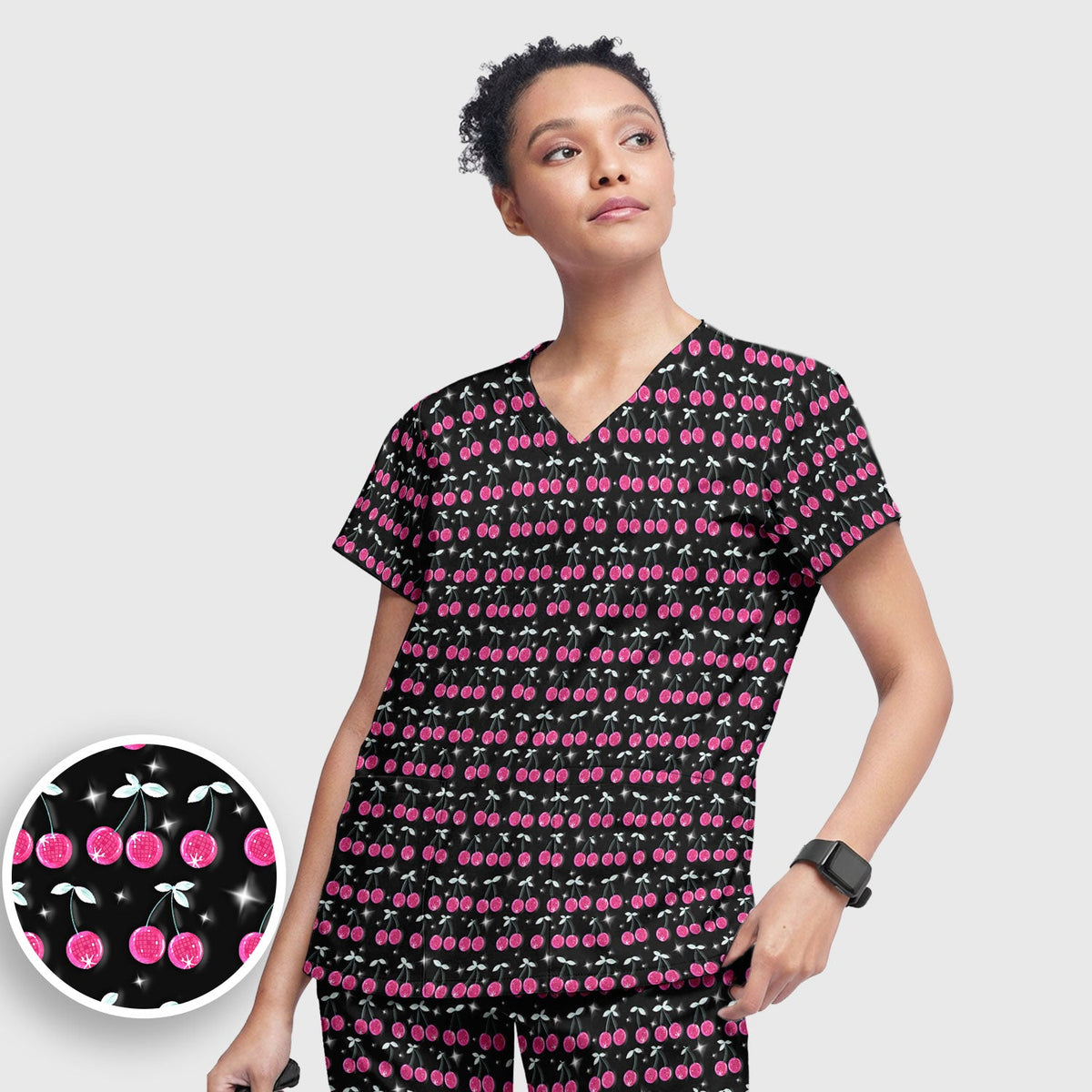 Pink Cherry Sparkle Nurse Scrub Set