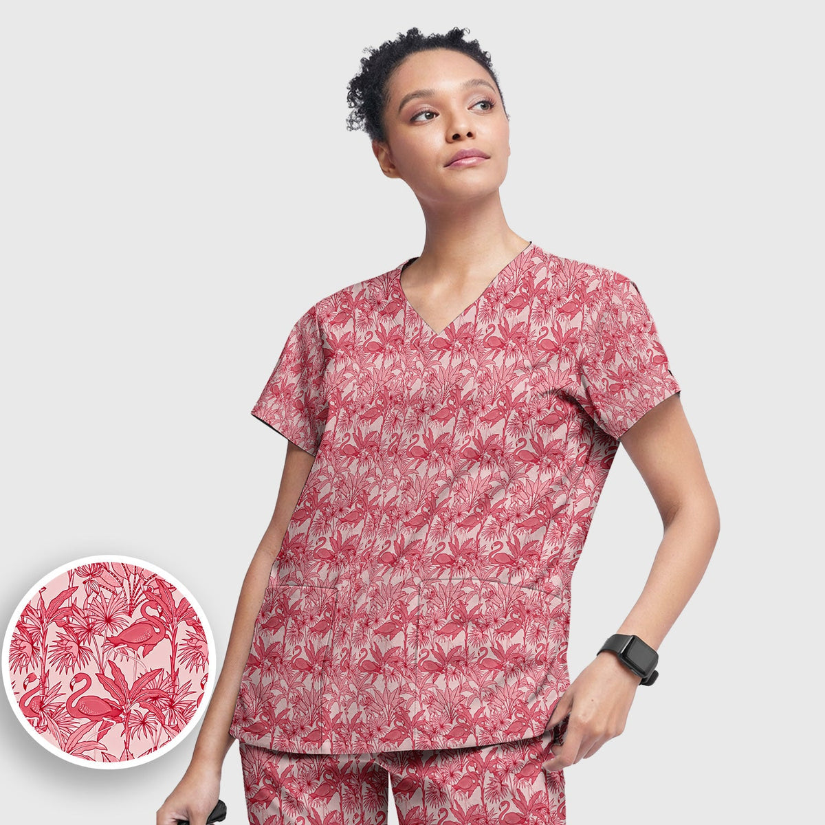 Tropical Flamingo Palm Leaves Nurse Scrub Set