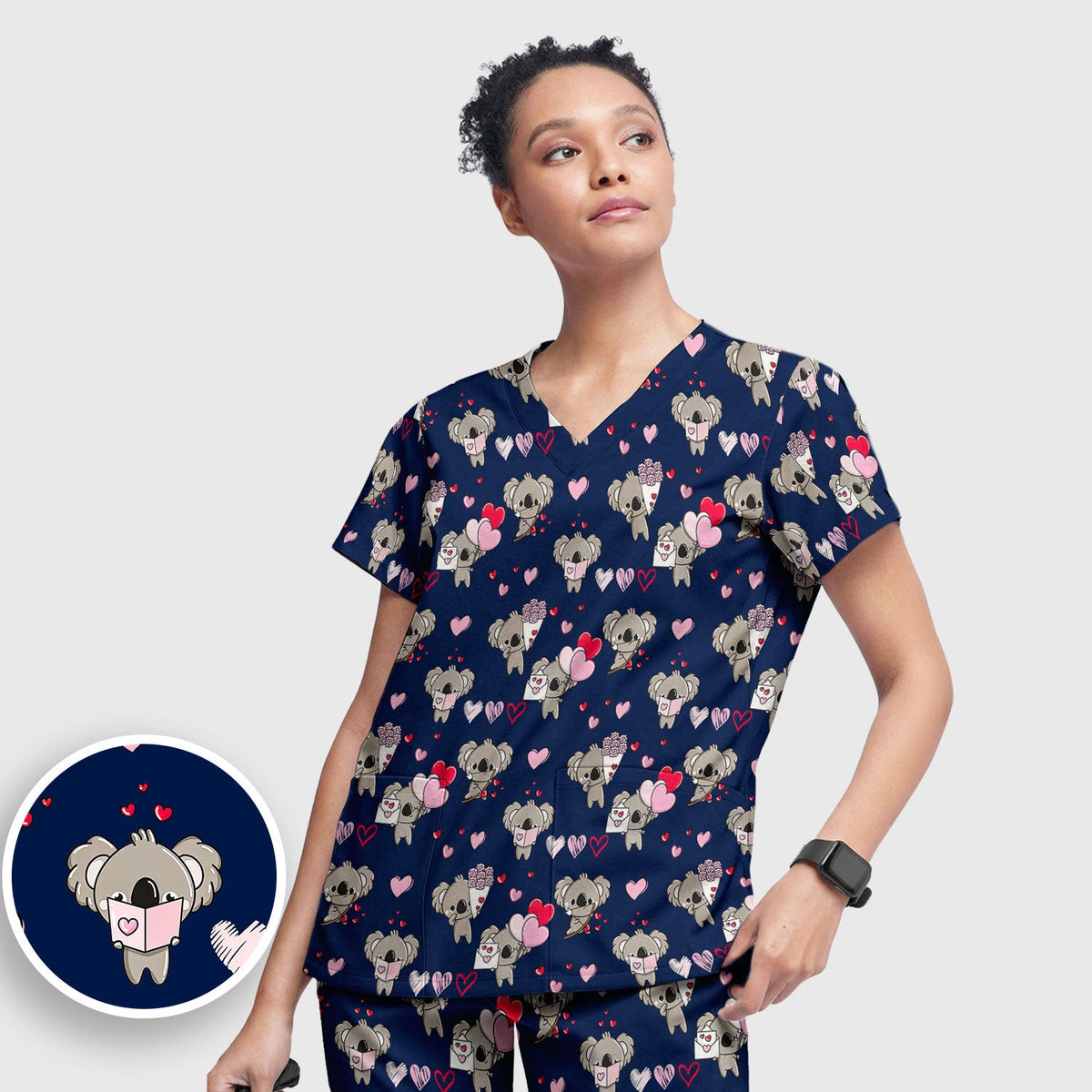 Valentine Koala Holding Flowers Nurse Scrub Set
