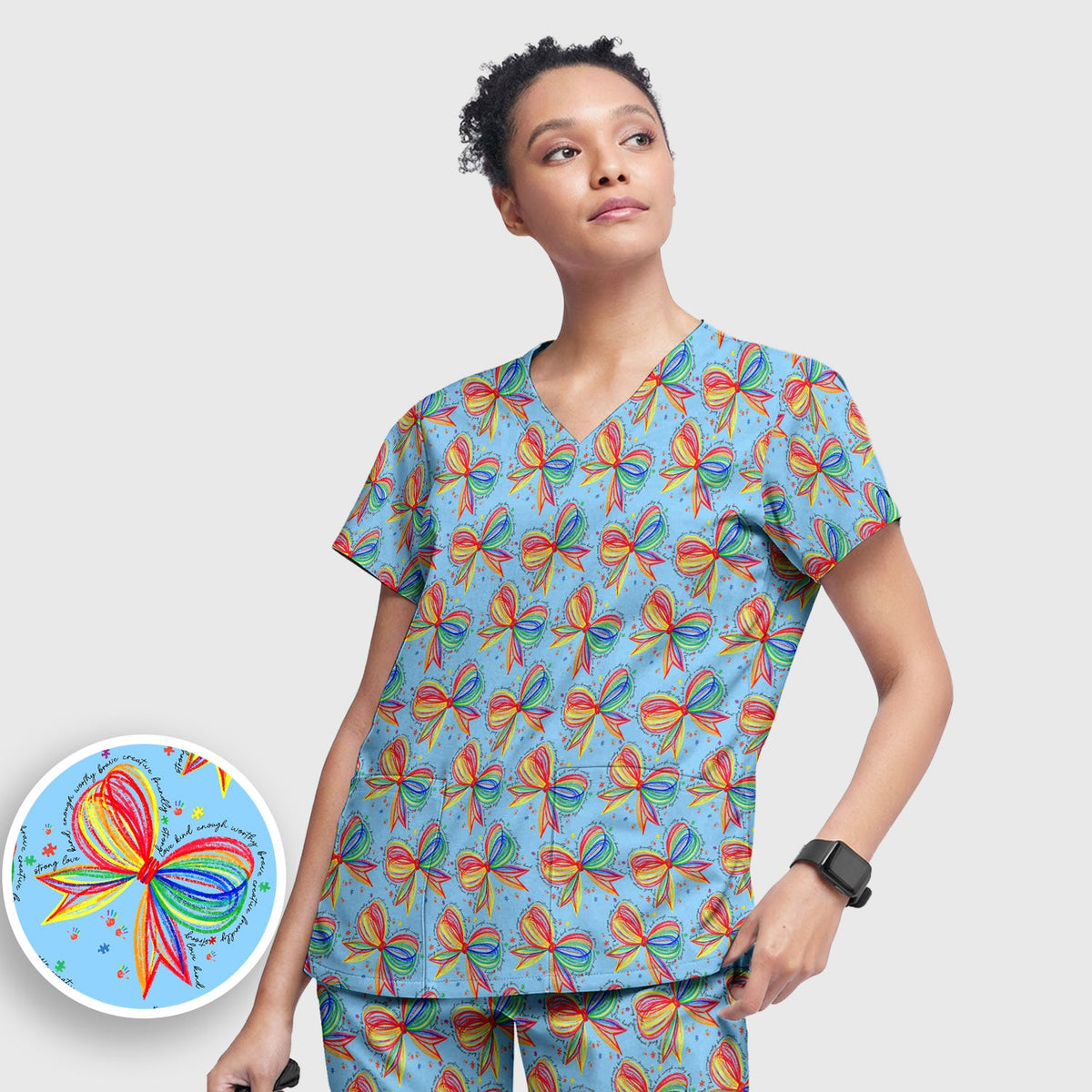 Colorful Rainbow Bow Nurse Scrub Set