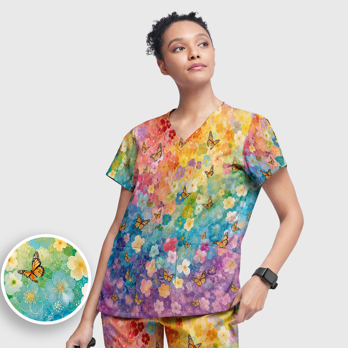Rainbow Butterfly Floral Blossom Nurse Scrub Set