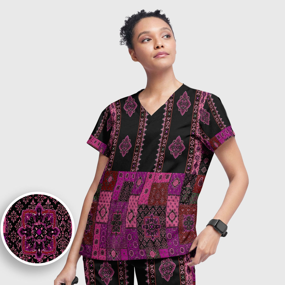 Boho Pink Bandana Patchwork Nurse Scrub Set