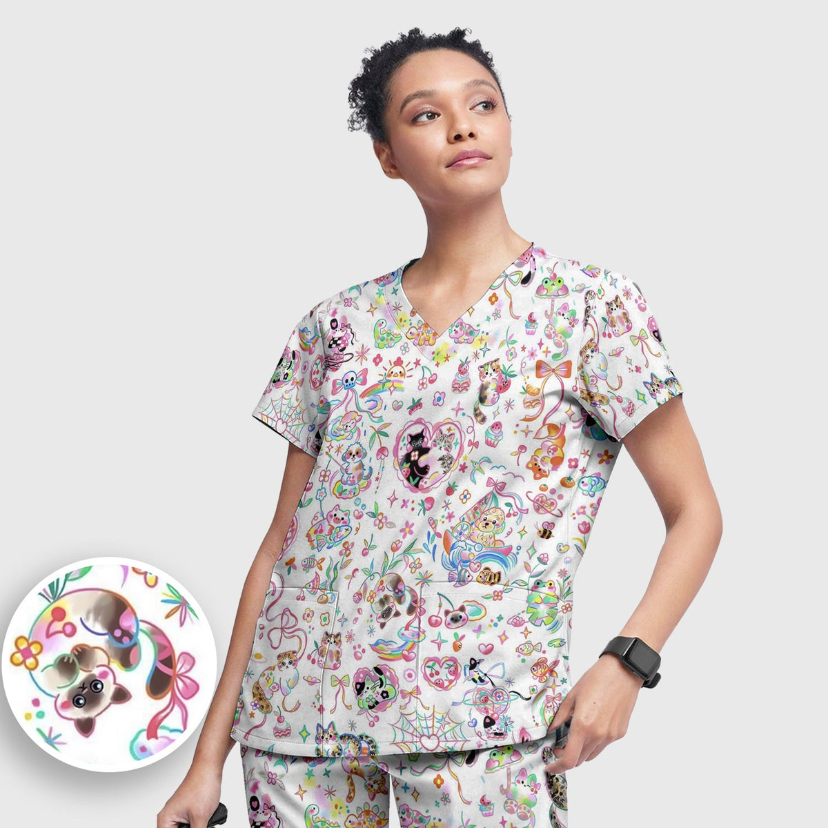 Kawaii Animal Rainbow Heart Nurse Scrub Set