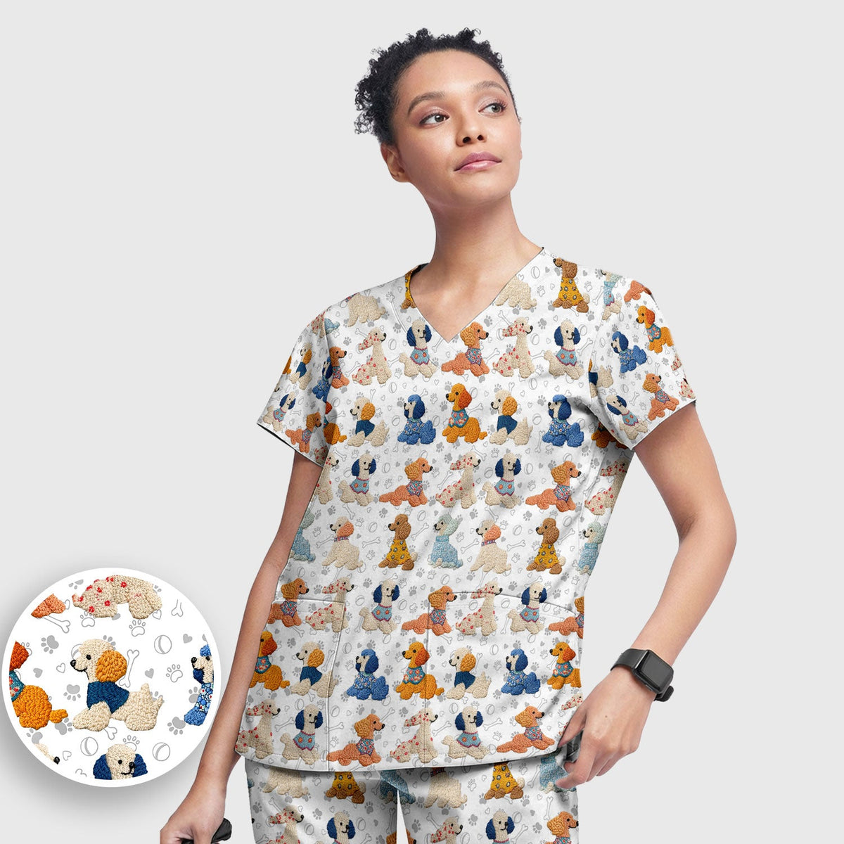 Cute Colorful Poodle Pattern Scrub Set, Scrub Pants and V Neck Top