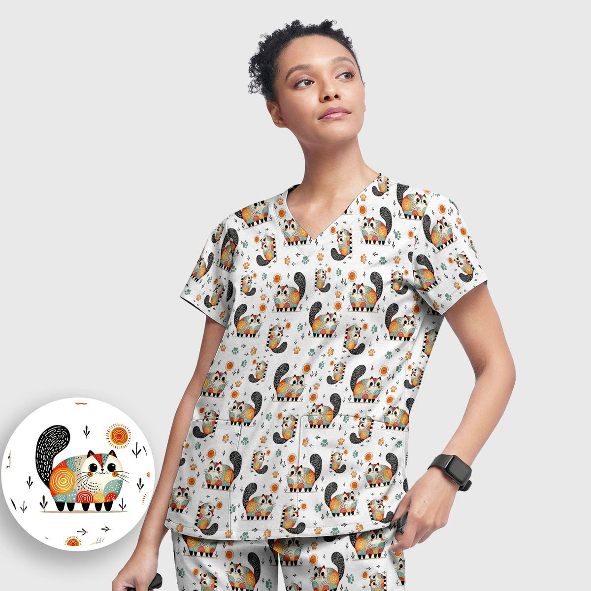 Cat Illustration Nurse Scrub Set