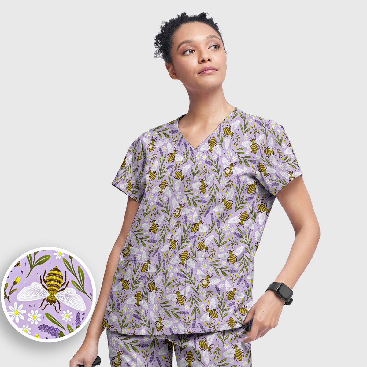 Lavender Bee Floral Nurse Scrub Set