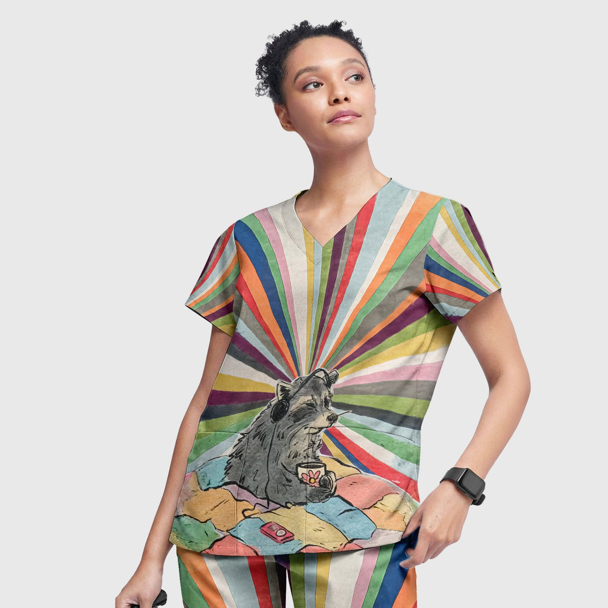 Chill Raccoon Rainbow Music Nurse Scrub Set
