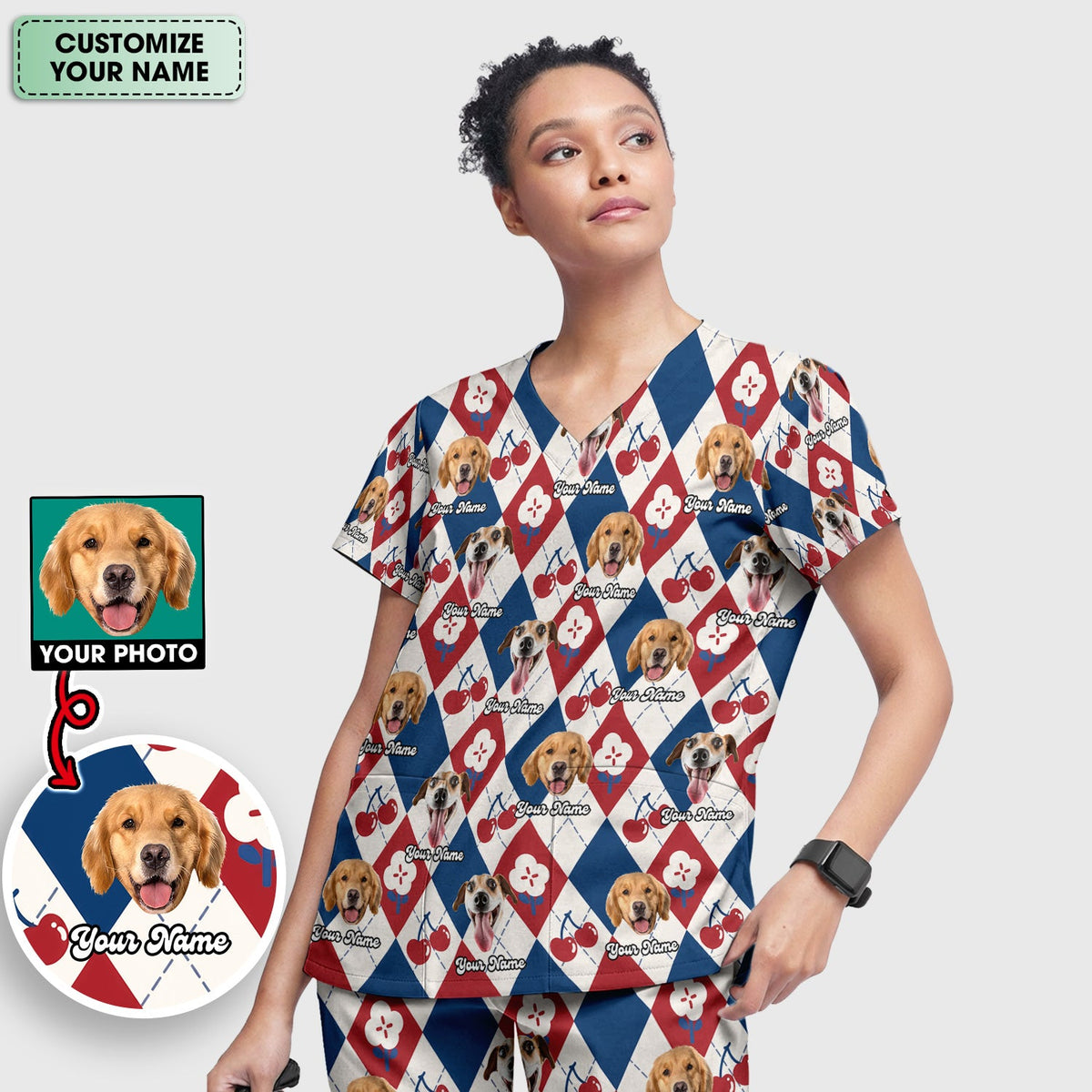 Dog Face Cherry Argyle Nurse Scrub Set