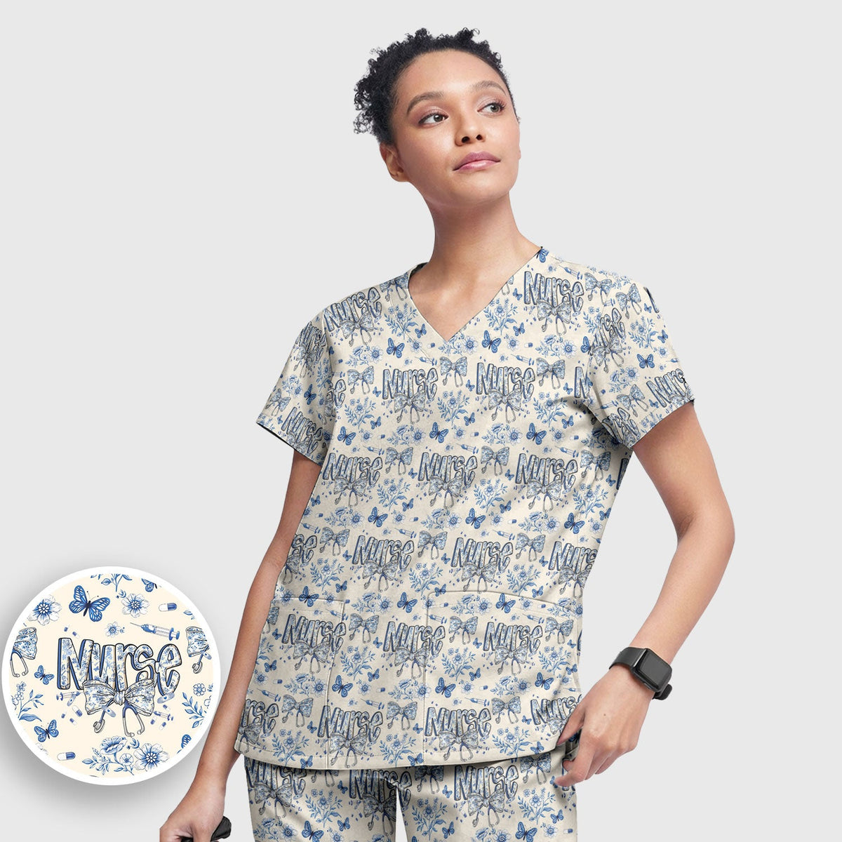 Blue Nurse Bow Butterfly Floral Scrub Set